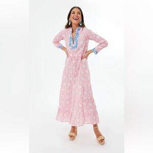 NWT Kleed Cotton Midi Dress Caftan Pink Tiered Size S/M *Measurements* coastal